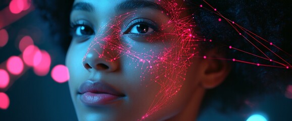 Poster - A digital portrait of a woman enhanced with glowing, network-like patterns.
