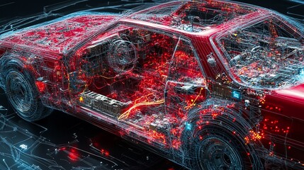 Poster - A detailed digital rendering of a car's interior with glowing components.