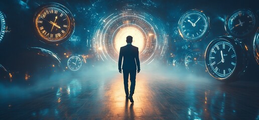 Poster - A figure walks towards a glowing portal surrounded by clocks, symbolizing time.