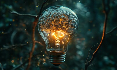 Poster - A glowing light bulb shaped like a brain, symbolizing ideas and creativity.
