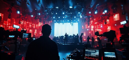 Poster - A stage setup with vibrant lights and camera equipment for a live performance.