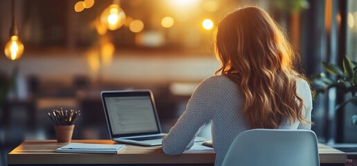 Poster - A woman working on a laptop in a cozy, sunlit workspace.
