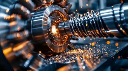 Poster - Close-up of a precision machining process with sparks and metal components.