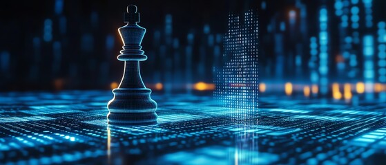 Leinwandbilder - Chess king in white, symbolizing a leaders impact on the digital world, with blurred graphics and binary data streams on a blue dark background, AIgenerated concept