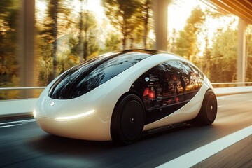 Futuristic High-Tech Clean Energy Vehicle in Motion on a Tree-Lined Roadway During Sunset