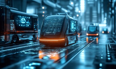 Aufkleber - Futuristic autonomous vehicles navigating a high-tech urban environment.