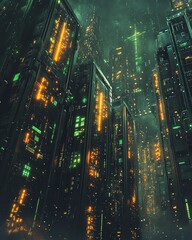 Poster - A glowing illustration of data servers in a futuristic setting, surrounded by abstract patterns and enhanced with green and gold colors, symbolizing cuttingedge technology