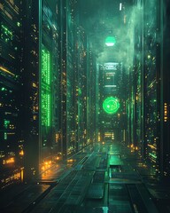 Poster - A glowing illustration of data servers in a futuristic setting, surrounded by abstract patterns and enhanced with green and gold colors, symbolizing cuttingedge technology