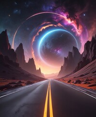 Wall Mural - Arc shaped black hole with a retro-futuristic space landscape background and a winding road in the foreground, stars, futuristic