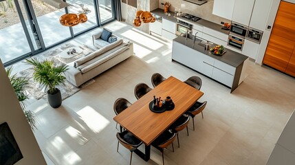 Poster - Modern open-concept kitchen and dining area with stylish furnishings.