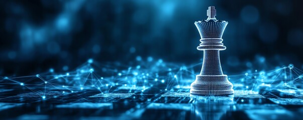Leinwandbilder - A digital leader symbolized by a white chess king, blurred graphics representing change in the digital world, binary code and computer network on a blue dark background, AI art