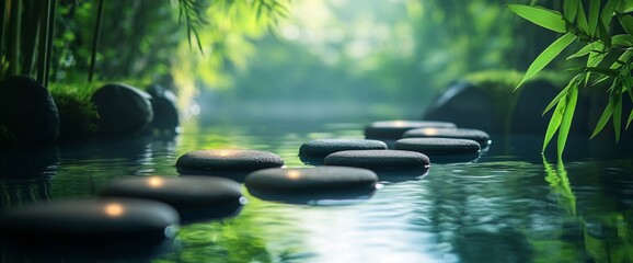 Poster - Serene pathway of stones leading through tranquil water and lush greenery.