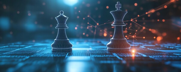 Leinwandbilder - A digital leader symbolized by a white chess king, blurred graphics representing change in the digital world, binary code and computer network on a blue dark background, AI art