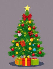 a cartoon christmas tree with presents and a clock on top.