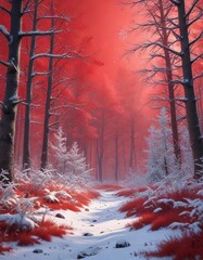 Wall Mural - Winter forest with snowflakes on a red background, elements, serene, tree