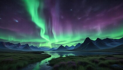 Canvas Print - a vast starry expanse with vibrant northern lights in shades of green and purple, starry night, cosm