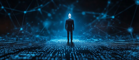 Fototapete - Intelligent leader symbolized by a white chess king, blurred graphics of digital transformation, binary code flowing through a computer network on a dark blue background, AI art