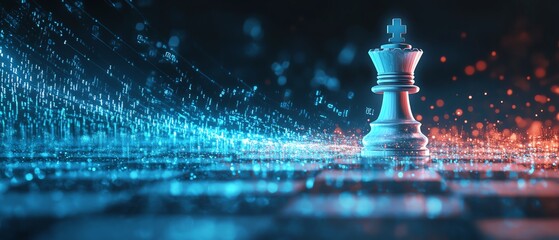 Fototapete - Intelligent leader symbolized by a white chess king, blurred graphics of digital transformation, binary code flowing through a computer network on a dark blue background, AI art