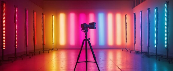 Poster - A colorful studio setup with lights and a camera on a tripod.