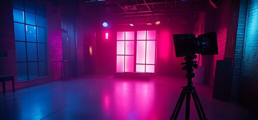 Poster - A dimly lit studio with colorful lights and a camera setup for filming.