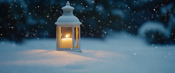 Poster - A glowing lantern in the snow, creating a warm atmosphere in winter.