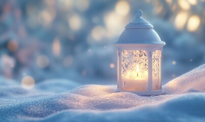 Poster - A glowing lantern in the snow, creating a serene winter ambiance.