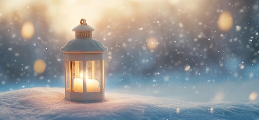 Poster - A lantern with a candle glowing in the snow, creating a warm ambiance.