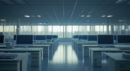 Leinwandbilder - Empty modern office with rows of computers and large windows.