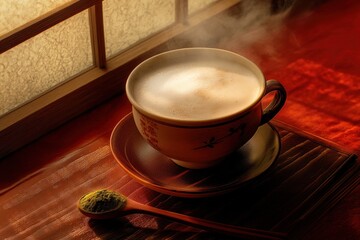 Aufkleber - Steaming matcha latte in a ceramic cup on a wooden table near a window.