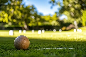 Poster - Close-up of a brown bocce ball on a green lawn with other balls and trees in the background.