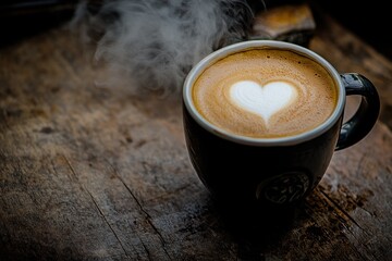 Poster - Steaming latte art in a dark mug on rustic wood.