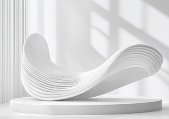 Poster - Abstract white wave form on pedestal, minimalist design, sunlight shadows.