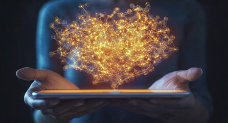 Poster - Glowing heart-shaped digital network data above tablet.