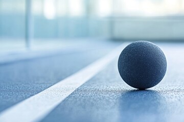 Wall Mural - Close-up of a dark gray ball on a blue indoor court with white lines.