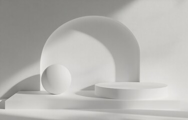Aufkleber - Minimalist white podium with sphere, arch, sunlight shadows.