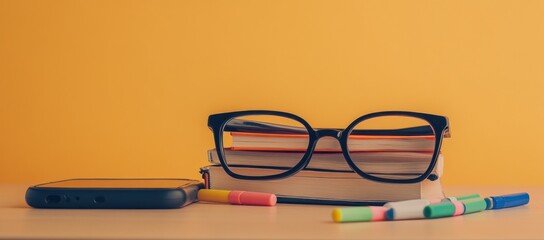 Poster - Eyeglasses rest on a stack of books, next to a phone and colorful markers against a yellow background.