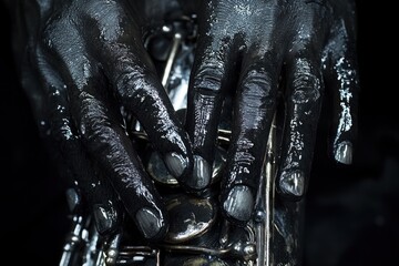 Aufkleber - Close-up of oil-stained hands on saxophone.