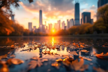 Poster - Autumn sunset over city skyline reflected in calm water with fallen leaves.