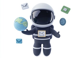 Poster - Cartoon astronaut juggling globe and email icons.