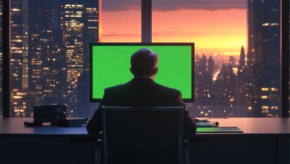 Poster - Businessman working late at night in a modern office with a green screen computer overlooking a cityscape.