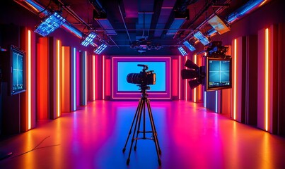 Poster - A modern studio setup featuring vibrant lighting and a camera on a tripod.