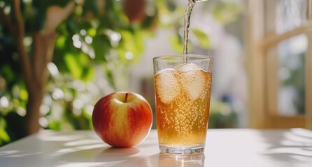 Poster - Sparkling apple cider pouring into glass with ice, beside an apple.