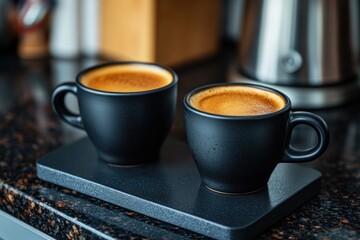 Poster - Two espresso cups on a warming mat.