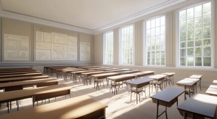 Poster - Sunlit classroom with rows of empty wooden desks and large windows.
