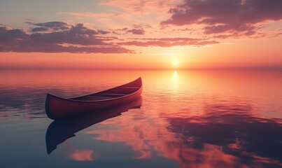 Aufkleber - A serene canoe floats on calm waters during a vibrant sunset.