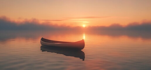 Aufkleber - A serene canoe floats on calm waters during a tranquil sunset.