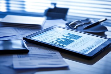 Poster - Tablet displaying financial charts and graphs on a desk with paperwork.