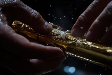 Aufkleber - Close-up of hands playing a gold saxophone with water droplets.