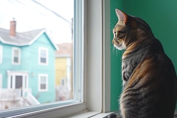 Wall Mural - Tabby cat sitting on windowsill, looking outside at houses.