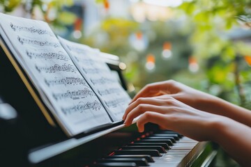 Poster - Close-up of hands playing piano outdoors, music sheets visible.